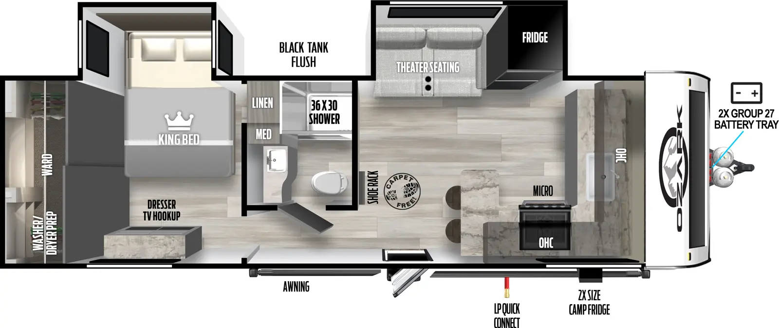 The 2650FK has two slideouts and one entry. Exterior features include front 2x group 27 battery tray, 2x size camp refrigerator, LP quick connect, awning, and black tank flush. Interior layout front to back: front kitchen counter with sink and overhead cabinet wraps to door side with cooktop and microwave, and wraps to peninsula counter with stools, and the entry door; off-door side slideout with refrigerator and theater seating; shoe rack along inner wall; off-door side full bathroom with medicine cabinet; rear bedroom with off-door side linen closet, and king bed slideout, rear wardrobe with washer/dryer prep, and door side dresser with TV hookup.